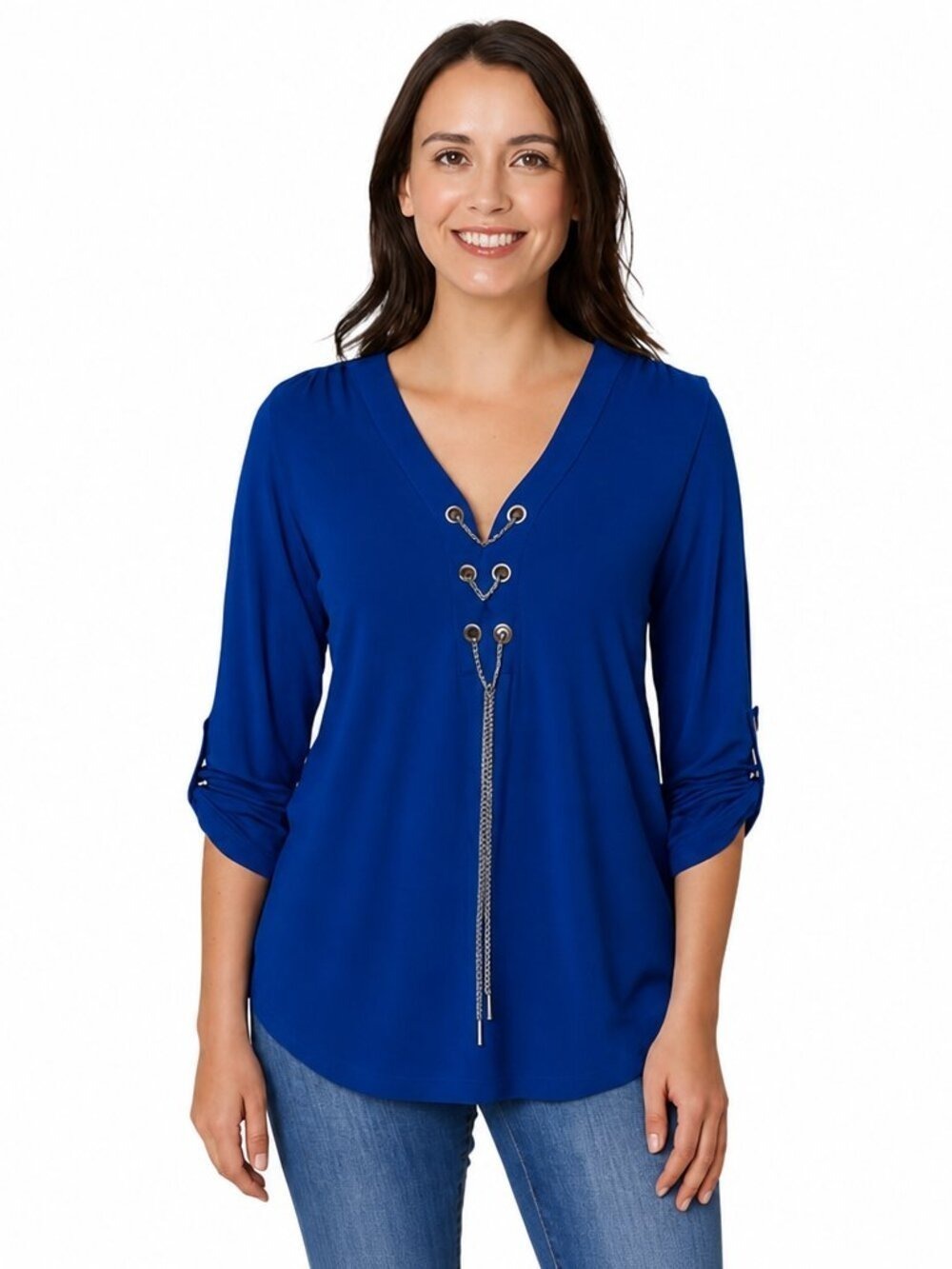 Jules & Leopold Royal Blue Chain Lace-Up Blouse/V-Neck, Roll Tab Sleeves/Size M